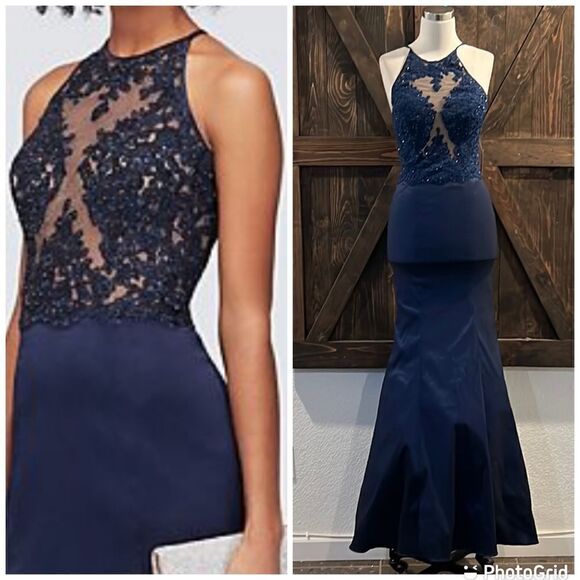 NWT Davids Bridal XSCAPE Bridesmaid Dress Navy Mermaid sheer Formal Dress Prom - Picture 1 of 14